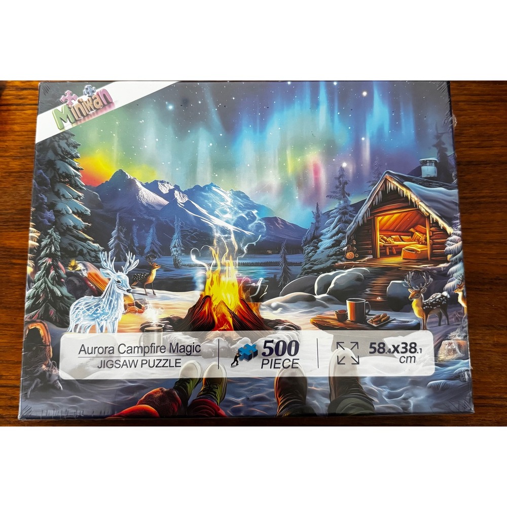 Miniwan Aurora Campfire Magic Jigsaw Puzzle 500 Piece Winter Cabin Scene New
